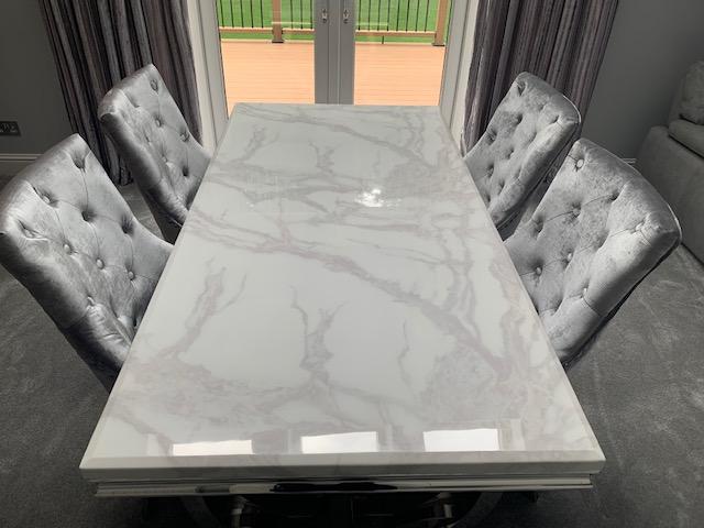 Arianna White Marble 200CM Dining Table + Valente Lion Knocker Velvet Chairs - Belmont Interiors