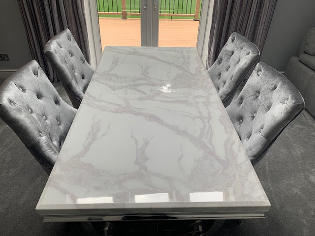 Arianna 180cm White Marble Dining Table + Silver Grey Lion Knocker Velvet Chairs - Belmont Interiors