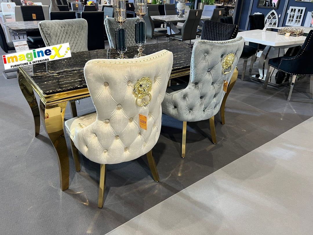 Louis 180cm Black & Gold Marble Dining Table + Valencia Lion Knocker Velvet Gold Leg Chairs - Belmont Interiors