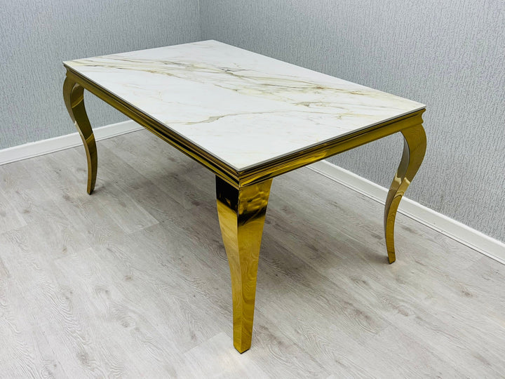 Louis Gold 160cm Ceramic Marble Cream Gold Dining Table With Shimmer Gold Lion Knocker Dining Chairs - Belmont Interiors