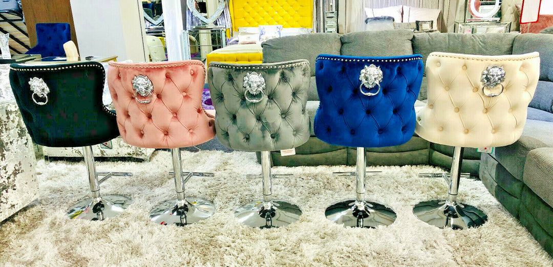 Valentino Lion Knocker Quilted Tufted Plush Velvet Bar Stools - Belmont Interiors