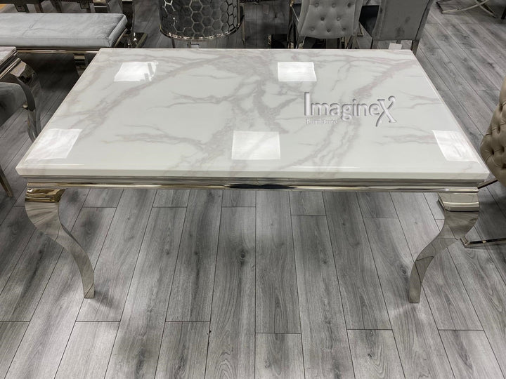 Louis 180cm White Marble Dining Table + 4 Grey Lion Knocker Chairs + 130cm Bench - Belmont Interiors