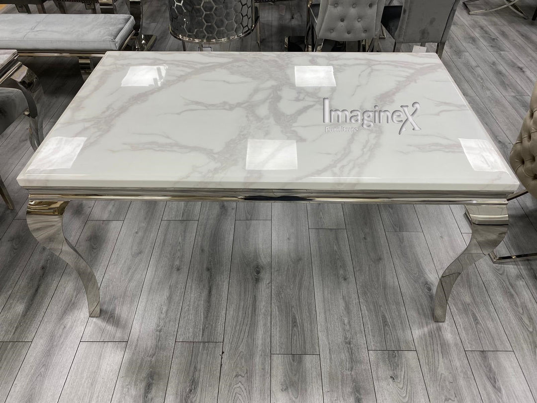 Louis 180cm White Marble Dining Table + 4 Silver Grey Velvet Knocker Chairs + 130cm Bench - Belmont Interiors