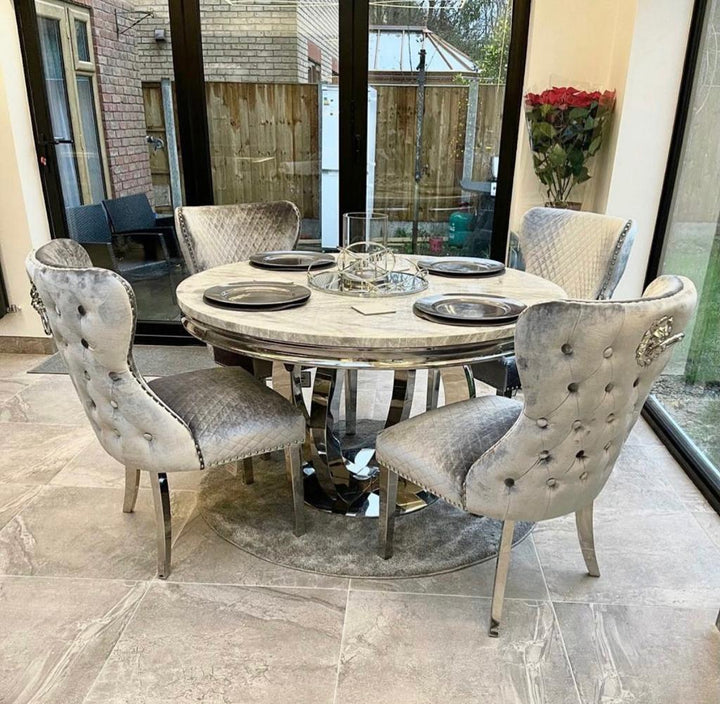 Chelsea 130cm Grey Marble Round Dining Table + Valente Grey Lion Button Chairs - Belmont Interiors