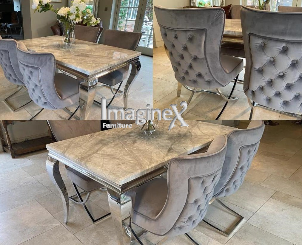 Louis 200cm Grey Marble Dining Table + Belgravia Light Grey Plush Velvet Button Dining Chairs - Belmont Interiors