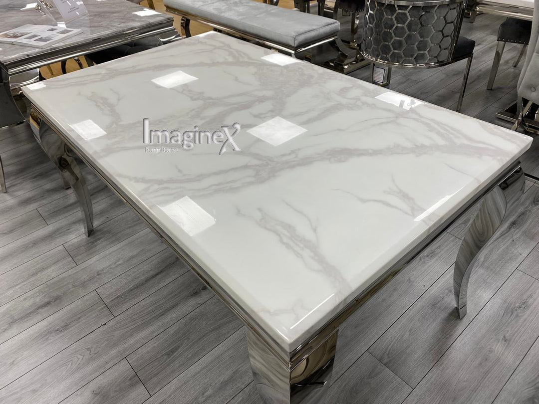 Louis Grey Marble 160CM Dining Table + Belle Silver Grey Chairs, Bench Option - Belmont Interiors