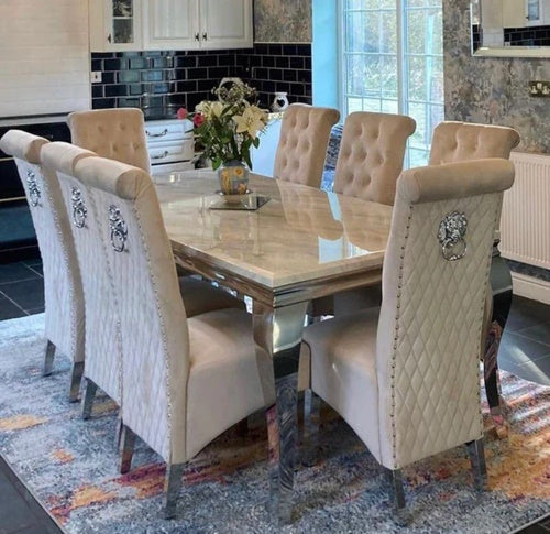 Louis Marble & Chrome Dining Table With Lucy Slim Quilted Lion Knocker Velvet Chairs - Belmont Interiors