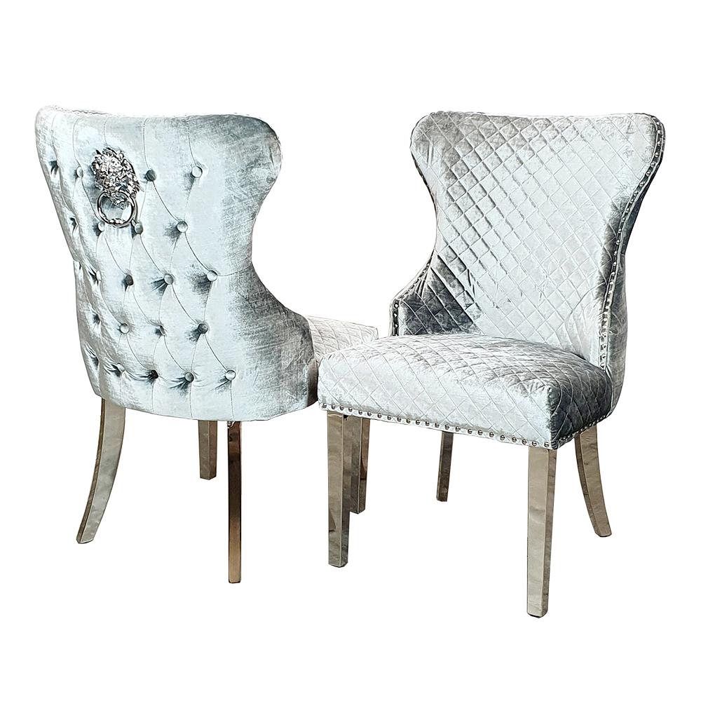 Valente Silver Pewter Grey Velvet Fabric Button Back Lion Knocker Quilted Dining Chair-Kitchen & Dining Room Chairs-ASR-Belmont Interiors