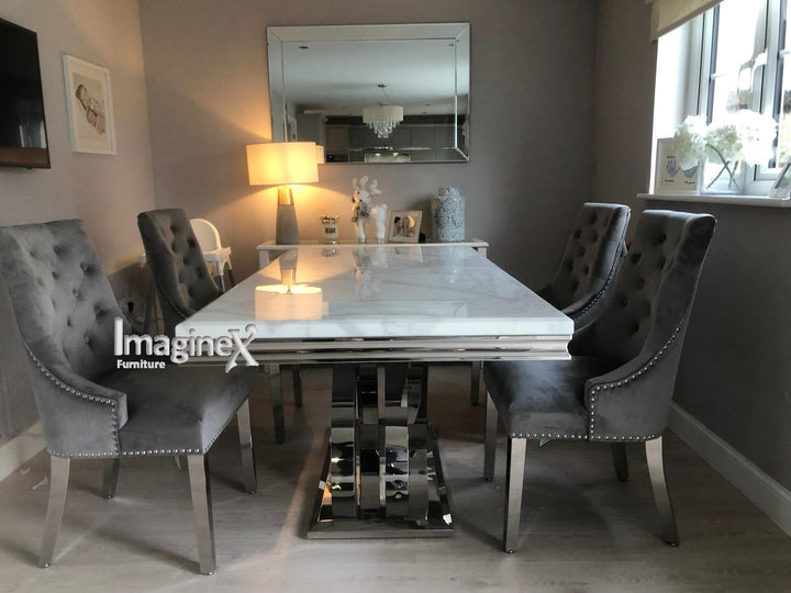 Ottavia White Marble 180CM Dining Table + Knightsbridge Chrome Knocker Plush Velvet Dining Chairs - Belmont Interiors