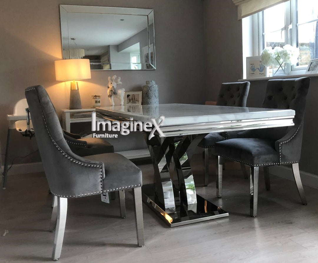 Ottavia White Marble 180CM Dining Table + Knightsbridge Chrome Knocker Plush Velvet Dining Chairs - Belmont Interiors