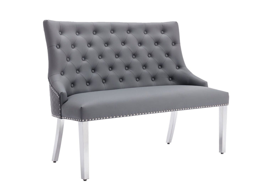 Majestic Grey PU Leather Lion Knocker Quilted High Back 130cm Dining Bench - Belmont Interiors