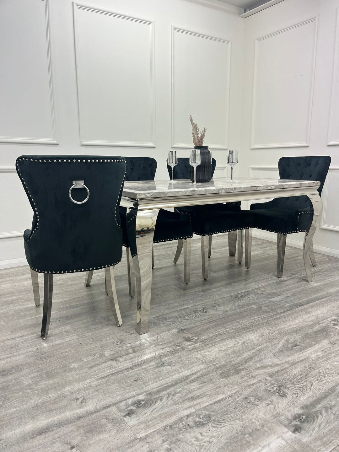 Louis Marble & Chrome Dining Table With Megan Chrome Ring Knocker Velvet Chairs - Belmont Interiors