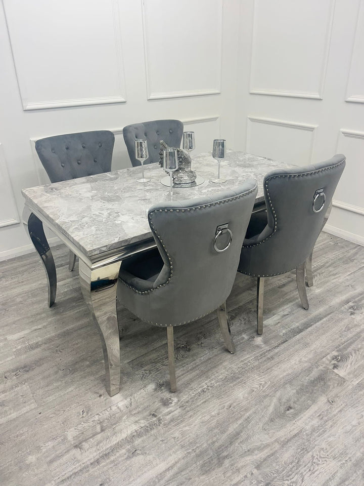 Louis Marble & Chrome Dining Table With Megan Chrome Ring Knocker Velvet Chairs - Belmont Interiors