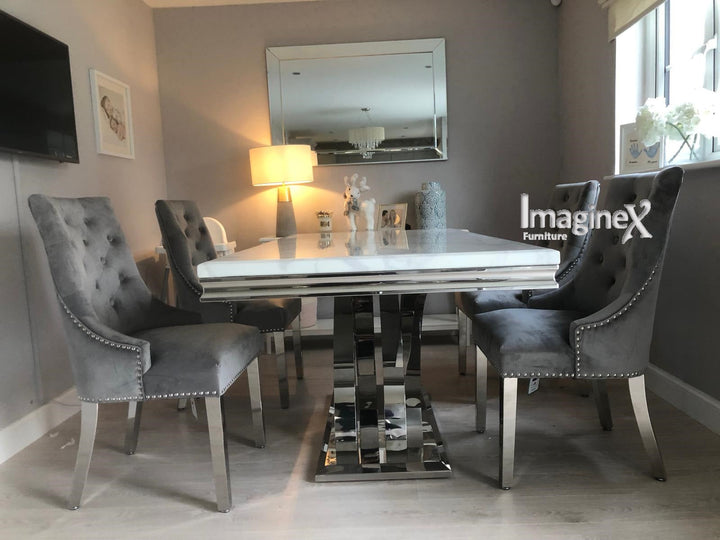 Ottavia White Marble 180CM Dining Table + Knightsbridge Chrome Knocker Plush Velvet Dining Chairs - Belmont Interiors