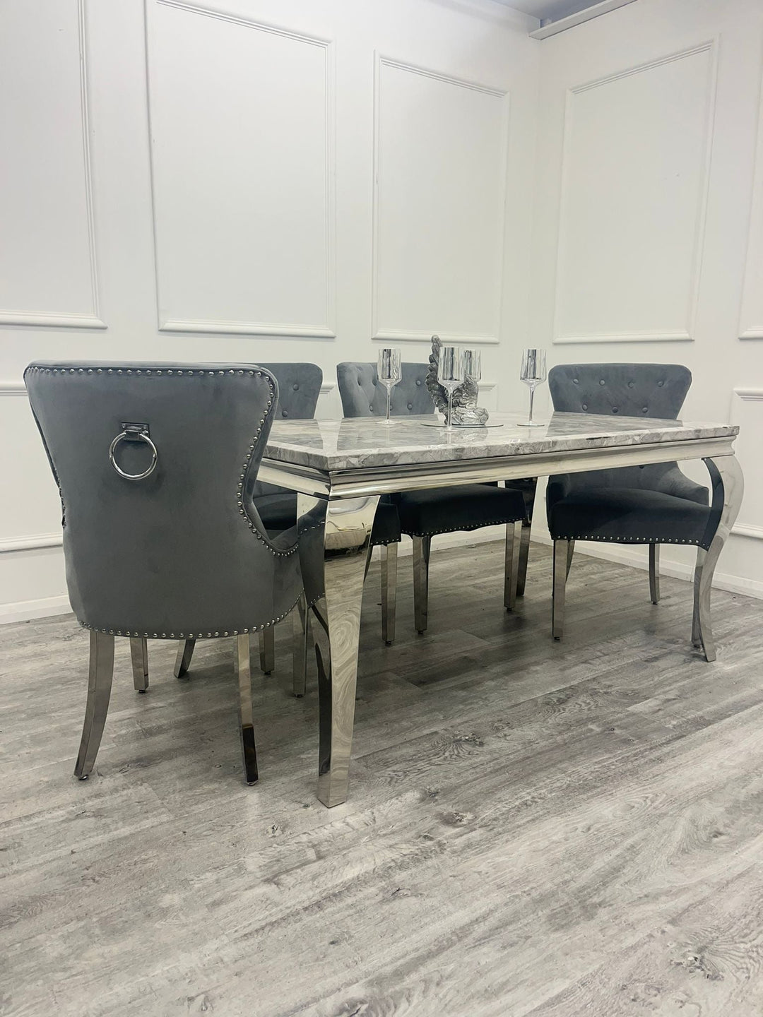 Louis Marble & Chrome Dining Table With Megan Chrome Ring Knocker Velvet Chairs - Belmont Interiors