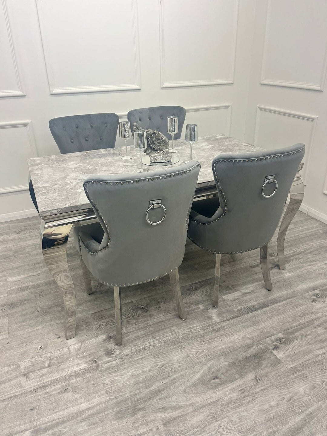 Louis Marble & Chrome Dining Table With Megan Chrome Ring Knocker Velvet Chairs - Belmont Interiors