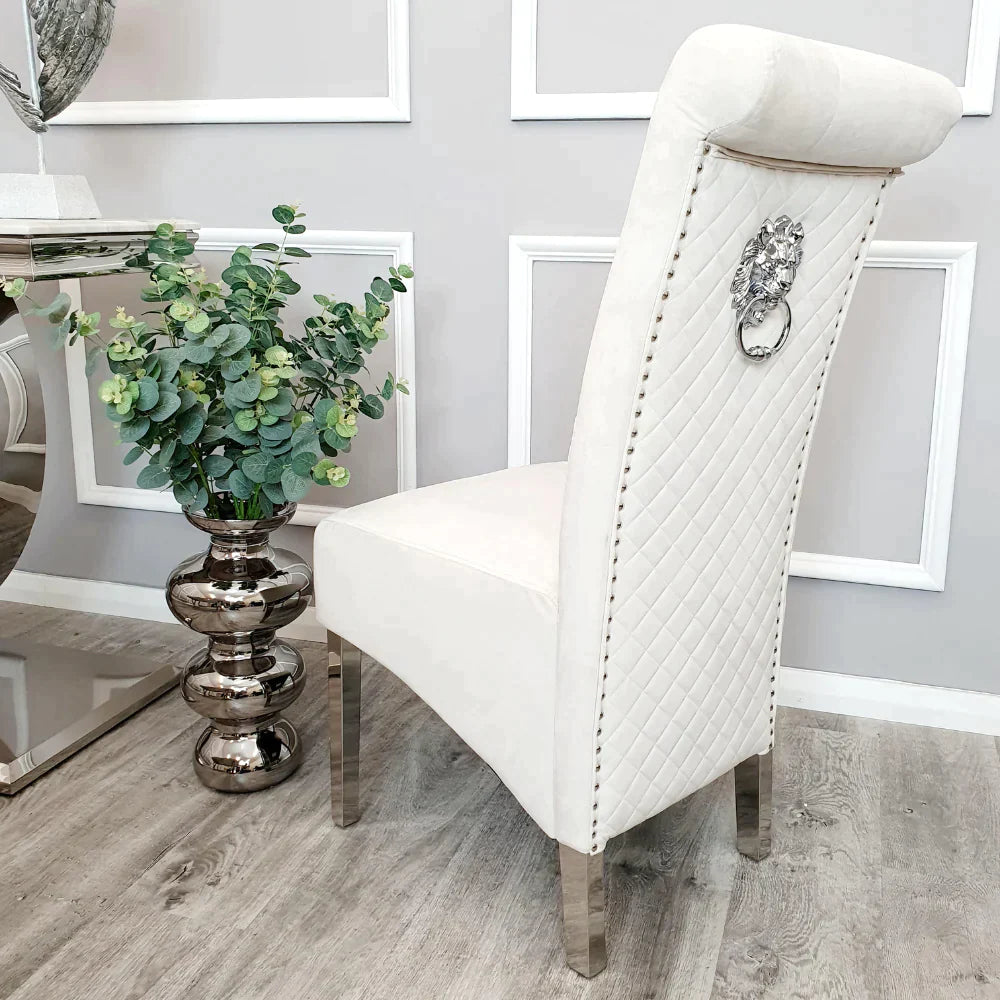 Louis Marble & Chrome Dining Table With Lucy Slim Quilted Lion Knocker Velvet Chairs-Dining Table & Chairs Set-Cuthwells-Belmont Interiors