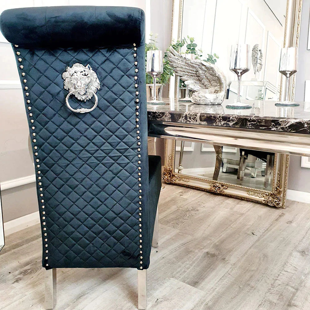 Louis Marble & Chrome Dining Table With Lucy Slim Quilted Lion Knocker Velvet Chairs-Dining Table & Chairs Set-Cuthwells-Belmont Interiors