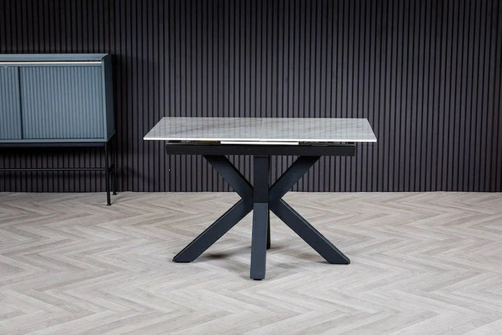 Nova 120-160cm Grey/White Ceramic Marble Centre Extending Dining Table - Belmont Interiors