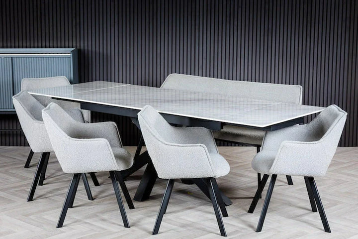 Nova 160-240cm Grey/White Ceramic Marble Side Extending Dining Table + Grey Boucle Fabric Dining Chairs - Belmont Interiors