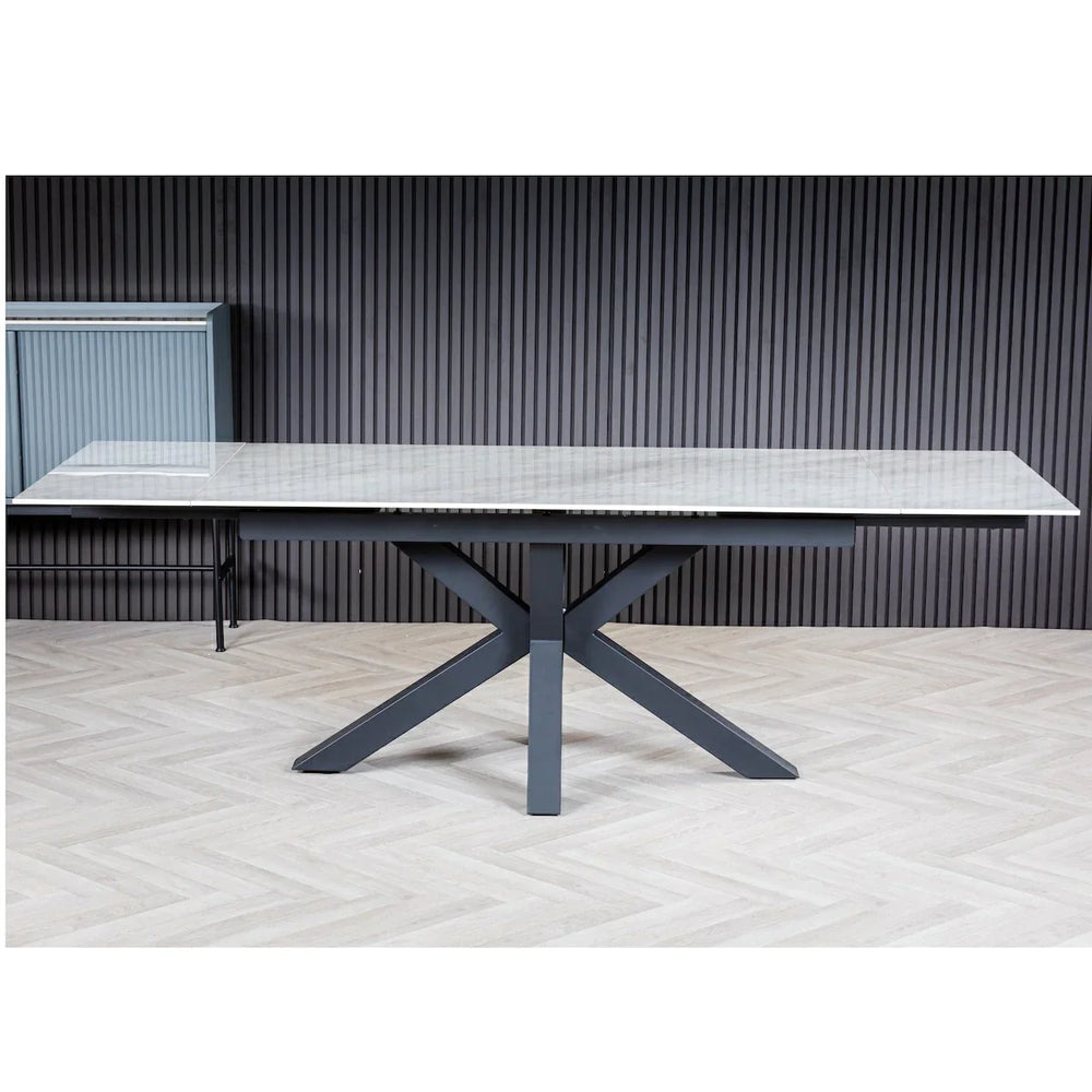 Nova 160-240cm Grey/White Ceramic Marble Side Extending Dining Table + Grey Boucle Fabric Dining Chairs - Belmont Interiors