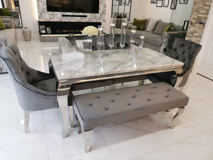 Louis Marble & Chrome Dining Table With Grey Ring Knocker Velvet Chairs & Bench - Belmont Interiors