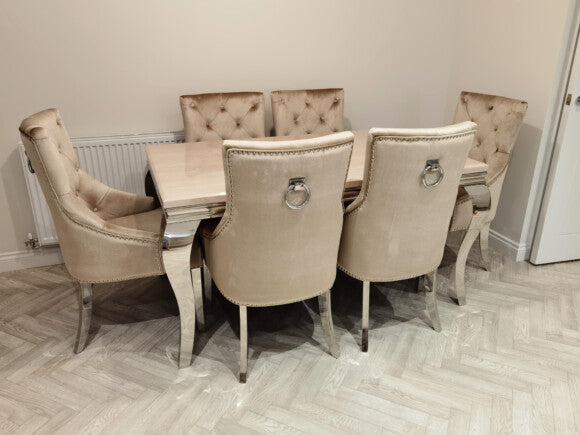 Louis 160cm Cream Marble Dining Table + Belle Plush Velvet Chairs - Belmont Interiors