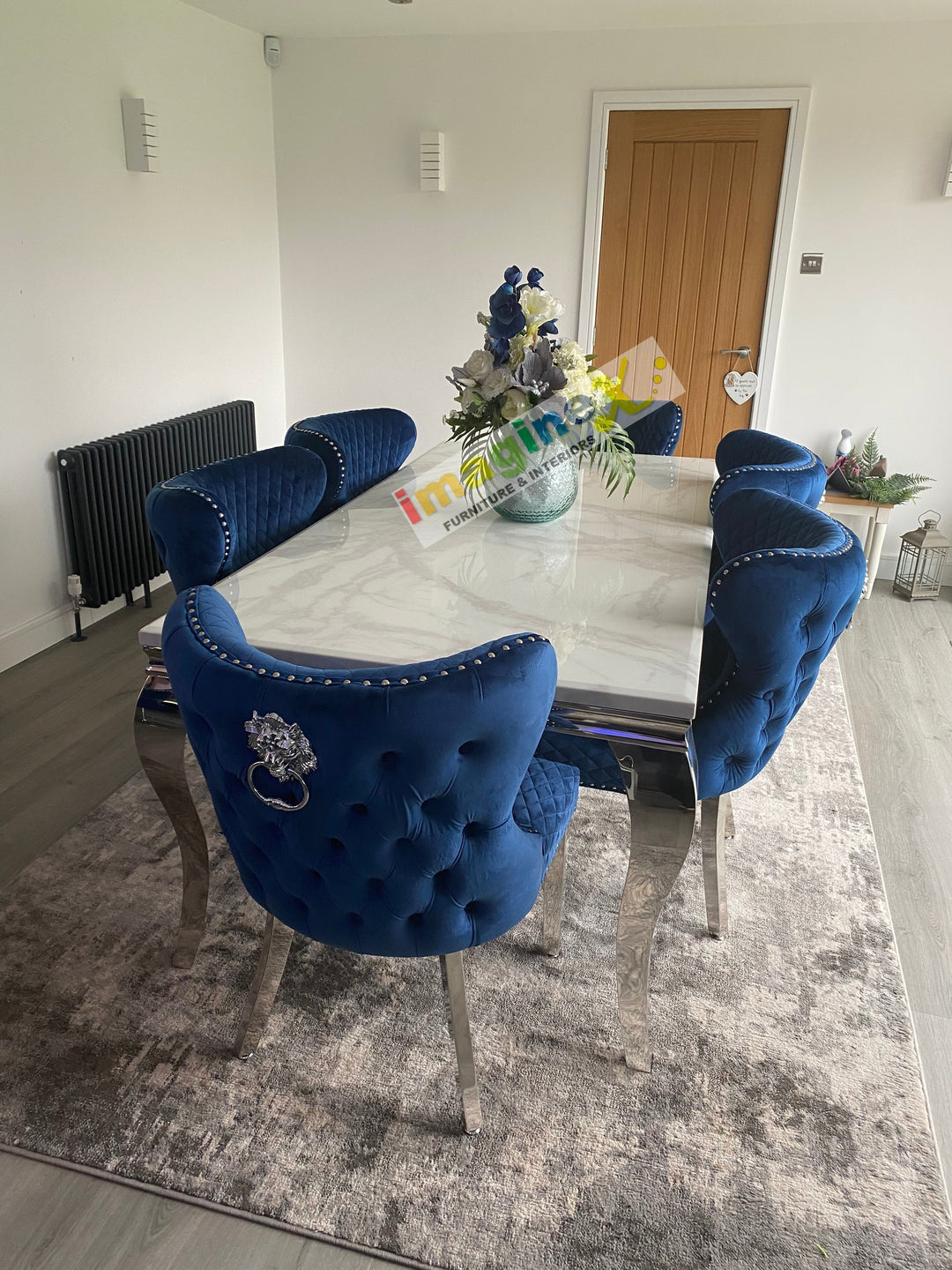 Louis 200cm White Marble Dining Table + Valentino Lion Knocker Velvet Chairs - Belmont Interiors