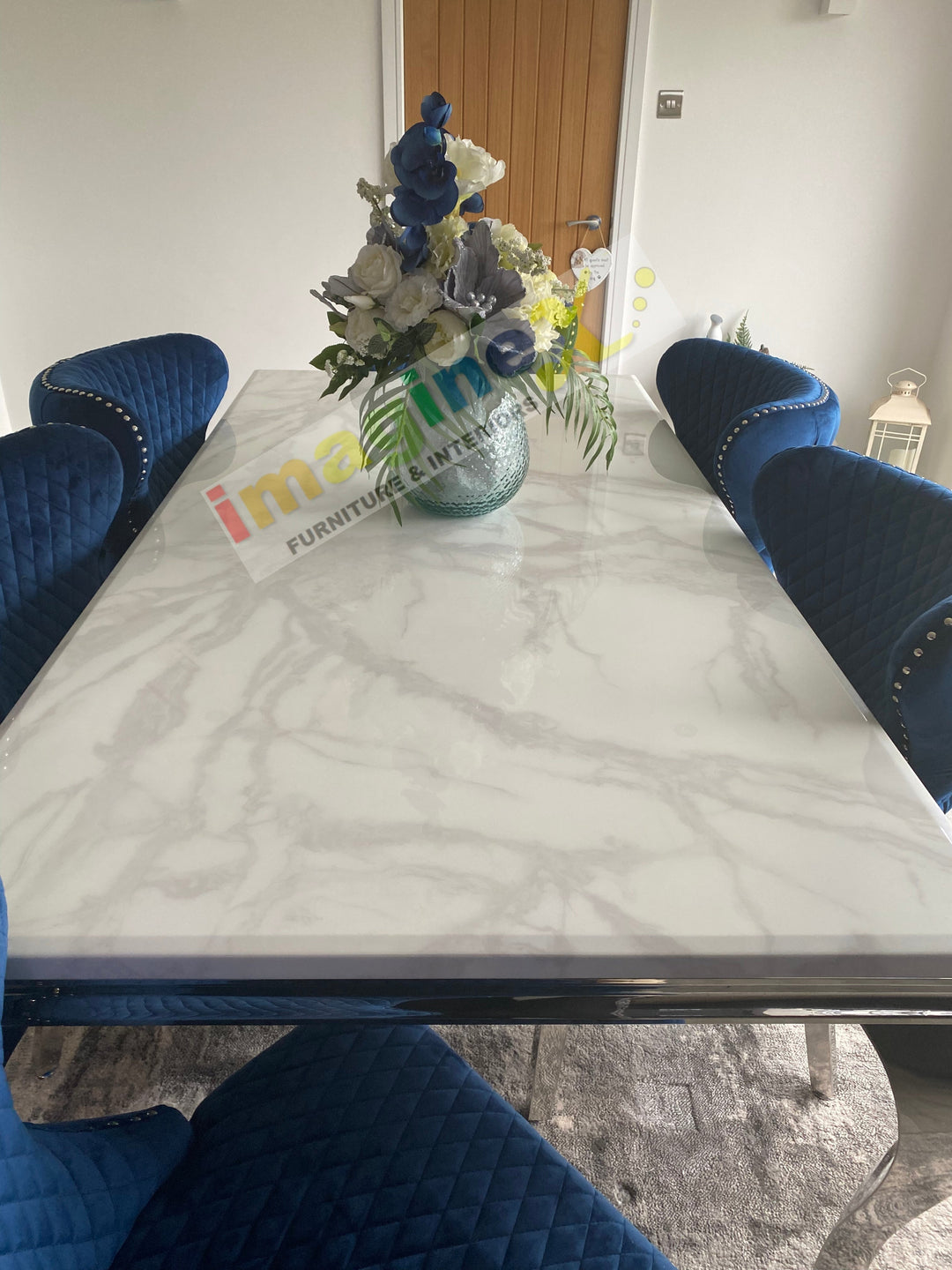 Louis 200cm White Marble Dining Table + Valentino Lion Knocker Velvet Chairs - Belmont Interiors