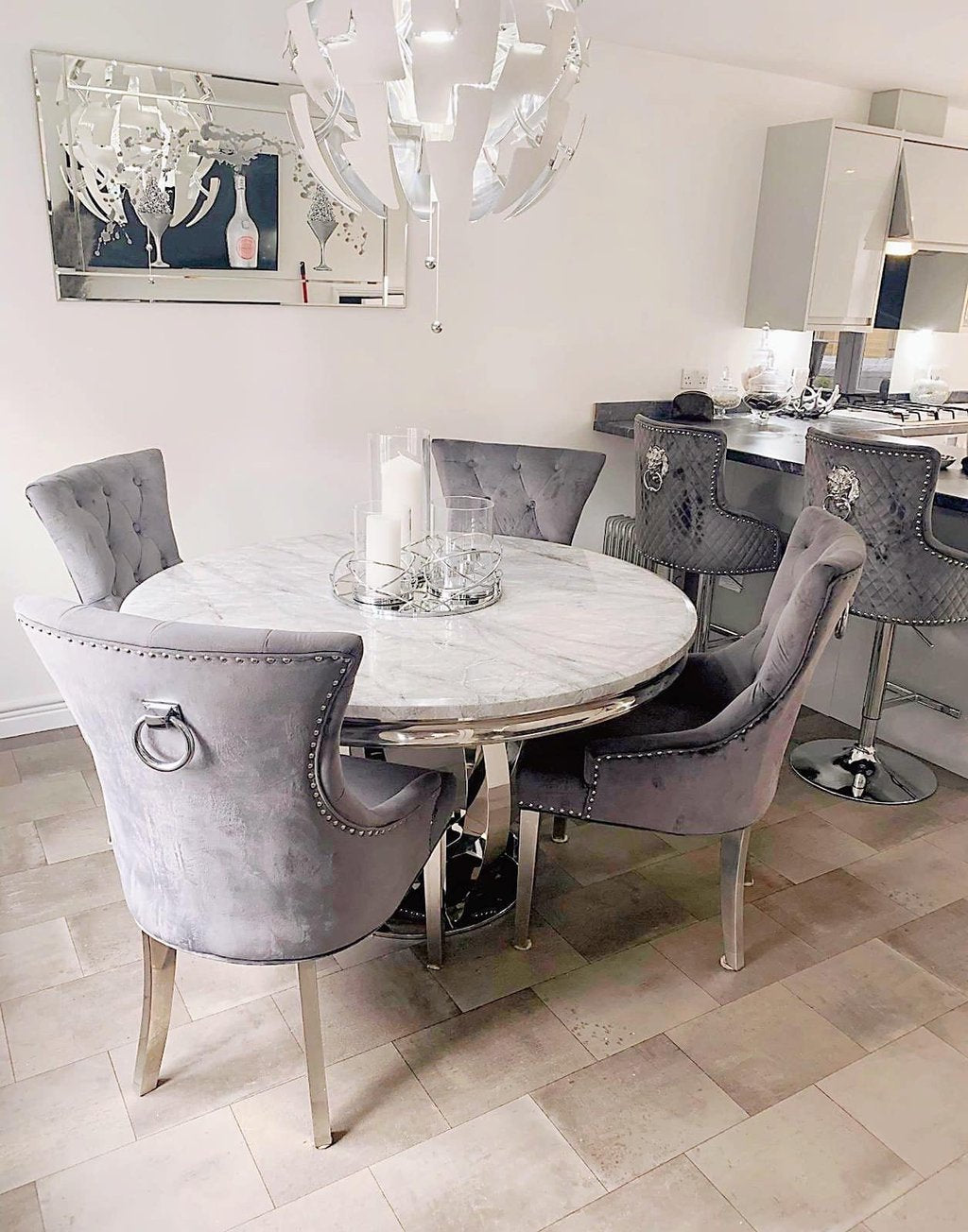 Chelsea 130cm White Marble Round Dining Table + Grey Ring Knocker Chairs - Belmont Interiors