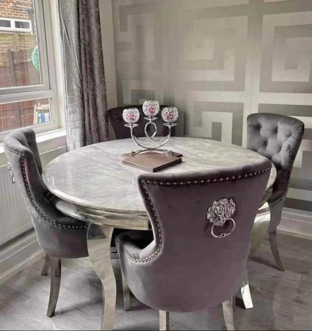 Louis 130cm Grey Marble Round Dining Table + Grey Lion Knocker Chairs - Belmont Interiors