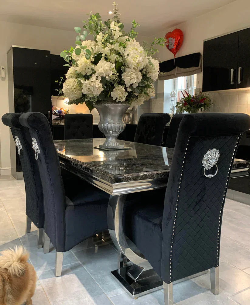 Arianna Marble & Chrome Dining Table With Lucy Slim Quilted Lion Knocker Velvet Chairs - Belmont Interiors