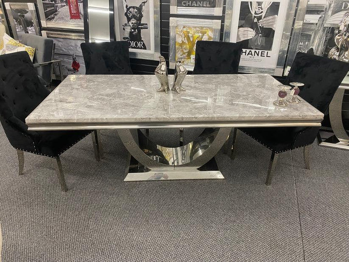 Arial Marble & Chrome Dining Table + Lion Knocker Velvet Chairs - Belmont Interiors