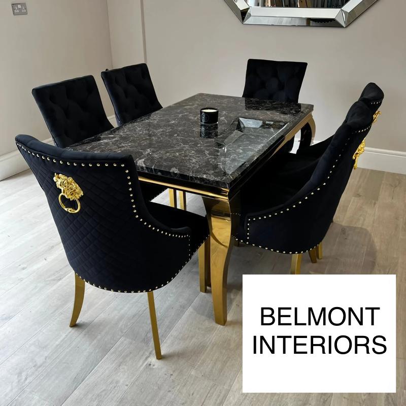 Louis Gold & Black Marble Dining Table With Black & Gold Lion Knocker Dining Chairs - Belmont Interiors