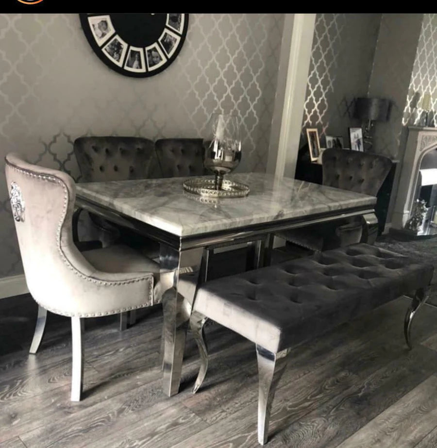 Louis Grey Marble 200cm Dining Table + Grey Lion Chairs, Bench Option - Belmont Interiors