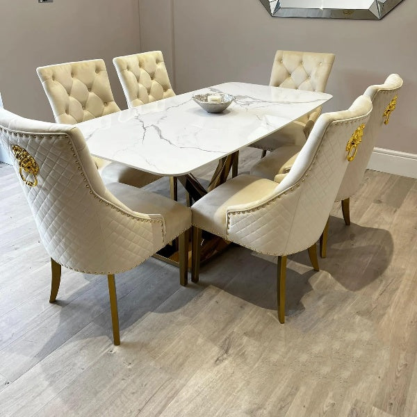 Valeo Gold 180cm Dining Table with Polar White Sintered Stone Top + Gold Lion Knocker Dining Chairs - Belmont Interiors