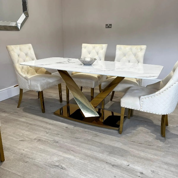 Valeo Gold 180cm Dining Table with Polar White Sintered Stone Top + Gold Lion Knocker Dining Chairs - Belmont Interiors