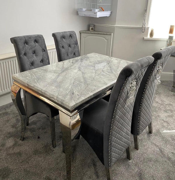 Louis 120CM Marble & Chrome Dining Table With Lucy Slim Quilted Lion Knocker Velvet Chairs - Belmont Interiors