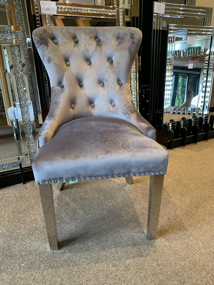 Louis 150cm Grey Marble Dining Table + Dark Grey Chrome Ring Knocker Plush Velvet Chairs - Belmont Interiors