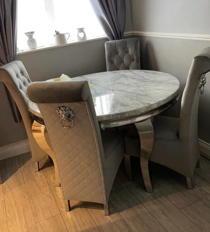 Louis Grey Marble 130cm Round Dining Table + Lucy Grey Lion Knocker Plush Velvet Chairs - Belmont Interiors