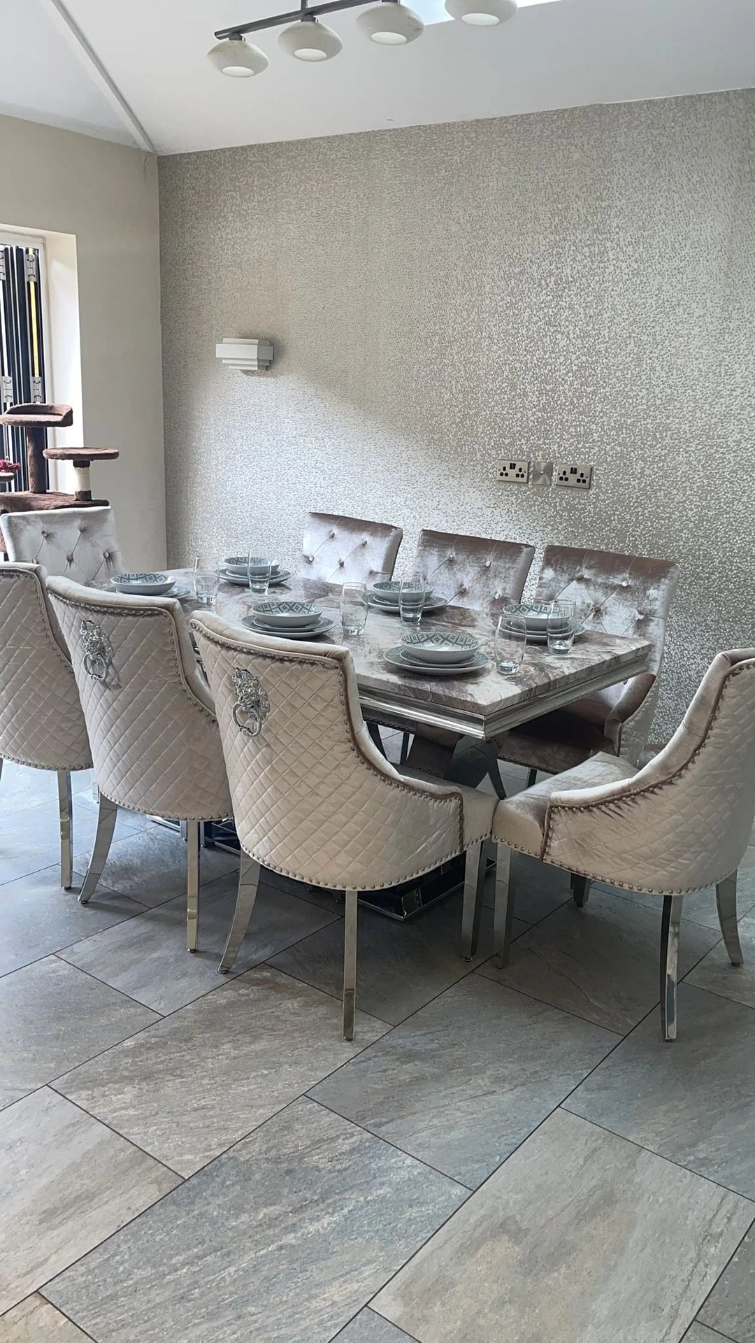 Arial Marble & Chrome Dining Table + Lion Knocker Velvet Chairs - Belmont Interiors