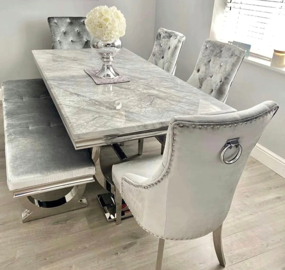 Arianna 150cm Grey Marble Dining Table + Belle Grey Velvet Dining Chairs + Grey 130cm Bench - Belmont Interiors