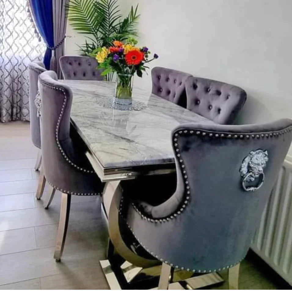 Arianna Marble & Chrome Dining Table With Lion Knocker Velvet Chairs - Belmont Interiors