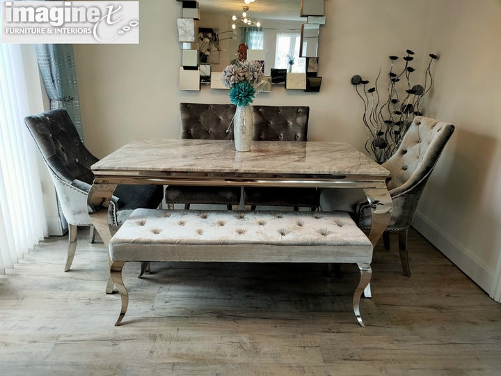 Louis 150cm Grey Marble Dining Table + 4 Silver Grey Velvet Knocker Chairs + 110cm Bench - Belmont Interiors