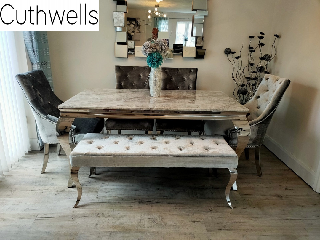 Louis 180cm Grey Marble Dining Table With 4 Silver Grey Velvet Knocker Chairs and 130cm Bench - Belmont Interiors