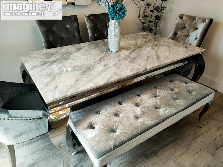 Louis 150cm Grey Marble Dining Table + 4 Silver Grey Velvet Knocker Chairs + 110cm Bench - Belmont Interiors