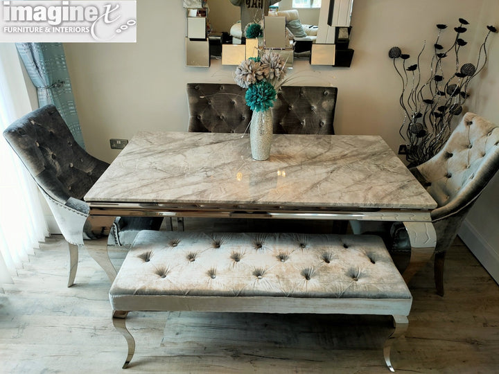 Louis 150cm Grey Marble Dining Table + 4 Silver Grey Velvet Knocker Chairs + 110cm Bench - Belmont Interiors