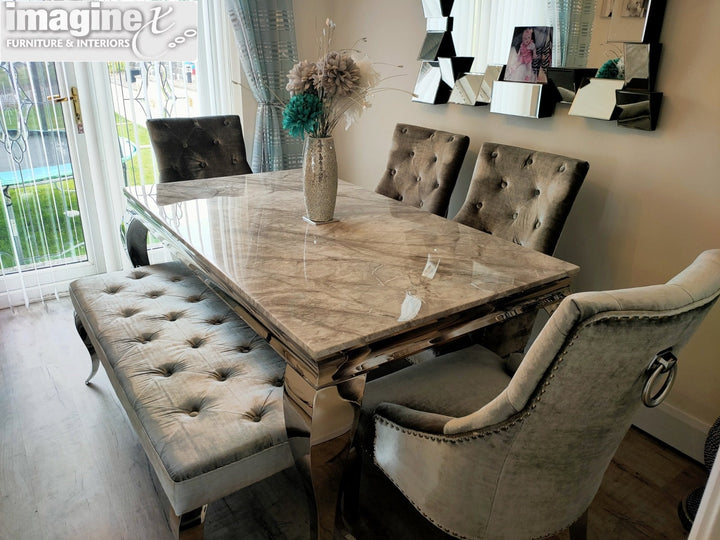 Louis 150cm Grey Marble Dining Table + 4 Silver Grey Velvet Knocker Chairs + 110cm Bench - Belmont Interiors