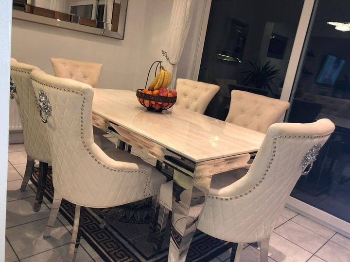 Louis Cream Marble Dining Table + Lion Knocker Quilted Dining Chairs - Belmont Interiors