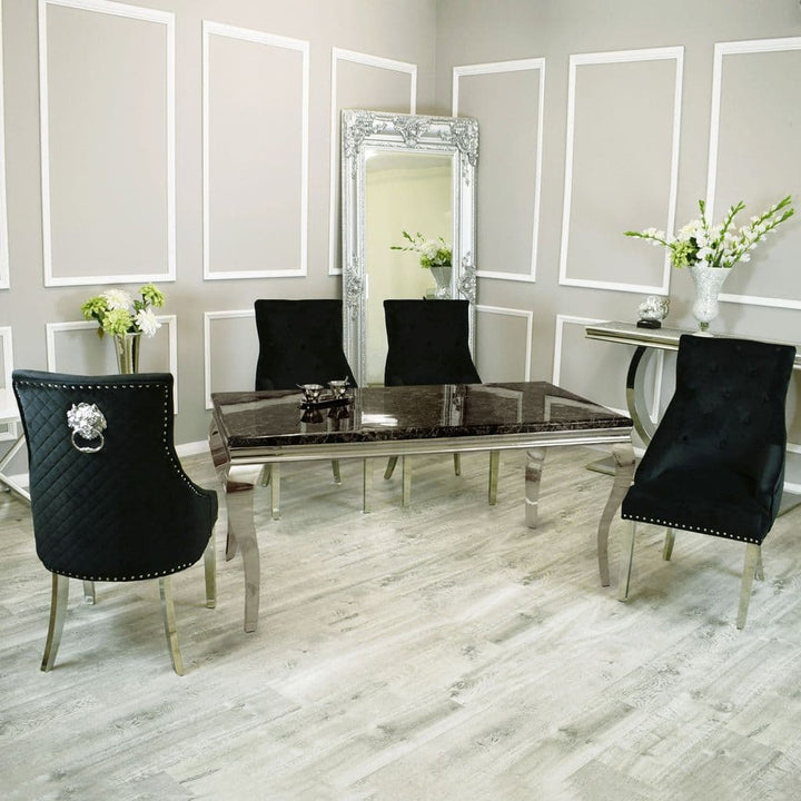 Louis 150cm Black Marble Dining Table + Black Lion Knocker Plush Velvet Chairs - Belmont Interiors